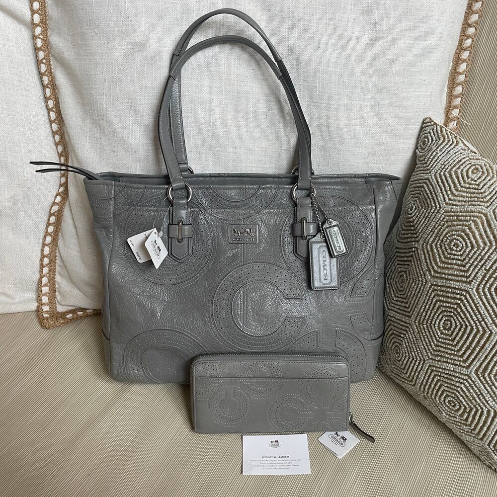 NWT Y2K Coach Chelsea Inlaid Leather Shopper 17821 + Wallet 45859 Grey Rare